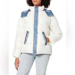 Desigual White And Denim Puffer Jacket Manteau Austen Coat Size Large NWT